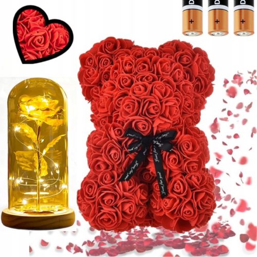 BÄR MIT ROSEN 25 CM AUS ROSENBLÄTTERN ZUM GESCHENK + EWIGE ROSE AUS GLAS MIT LEUCHTENDER LED IN EINER SCHWARZEN BOX ZUM VALENTINSTAG