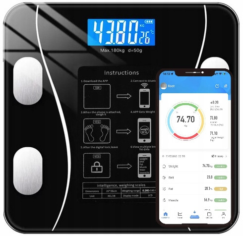 Personenwaagen (intelligent, analytisch und mechanisch) SMART Elektronische Personenwaage, Analyseglas, 180 kg, Bluetooth BT