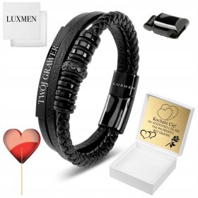    SCHWARZES LEDERARMBAND FÜR HERREN MIT GRAVUR, STARK, VERSTELLBAR, ALS GESCHENK