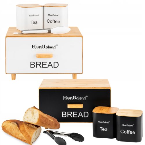 Brotkasten HAUS ROLAND Brotkasten-Set, Brotkasten aus Bambus, Weiß, Schwarz, Braun- und Beigetöne, Metall