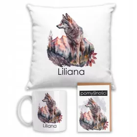    Ein personalisiertes Set mit einem Wolf, TASSE + KISSEN + KARTE