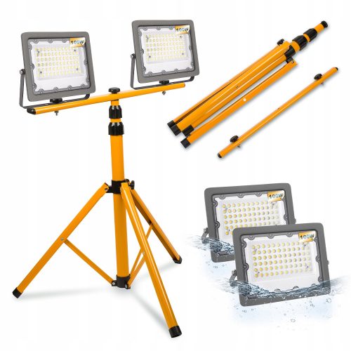 Stehender doppelter Ledlux-Halogenlampenständer 160 cm gelb + 2× Halogen neutralweiß 10000 lm 100 W
