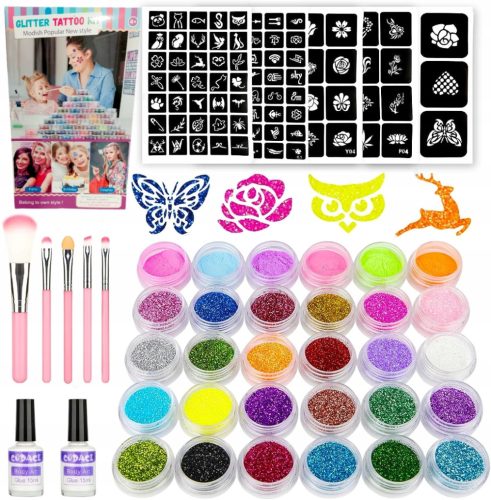  GROSSES TATTOO-SET, VORLAGEN, GLITZER-TATTOOS, WASCHBARER GLITZER