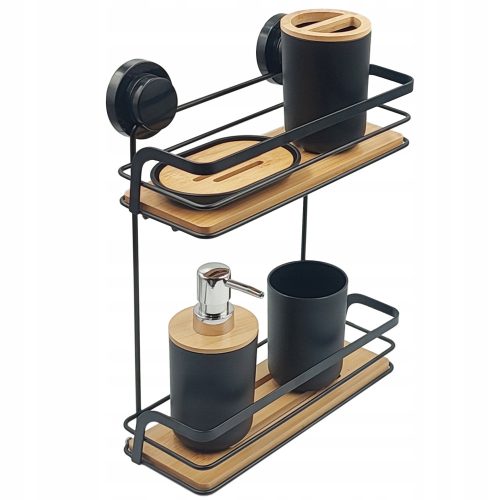 Badezimmerregale HÄNGENDES LOFT-BADEZIMMERREGAL MIT SAUGNÄPFEN AUS BAMBUS + METALL 2 REGALEN