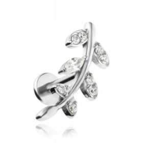  Labret-Ohrring, silberne Blätter, weiße Zirkone, 1,2/6