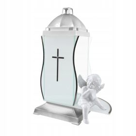   Eine einzigartige künstlerische Kerze mit einer weißen und silbernen Keramikfigur eines Engels