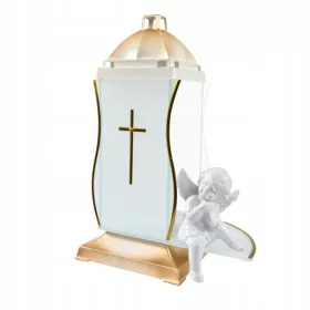    Eine einzigartige künstlerische Kerze mit einer goldenen und weißen Engelsfigur aus Keramik