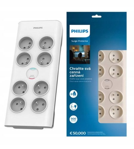 Philips Überspannungsschutz-Verlängerungskabel, 2 m, 8 Steckdosen, weiß
