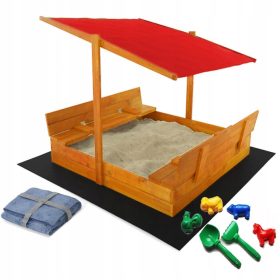   SANDKASTEN MIT DACH 120X120 HOLZ, IMPRÄGNIERT + KOSTENLOS ROT