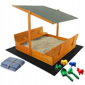   SANDKASTEN MIT DACH 120X120 HOLZ, IMPRÄGNIERT + KOSTENLOSE GESCHENKE, GRAU