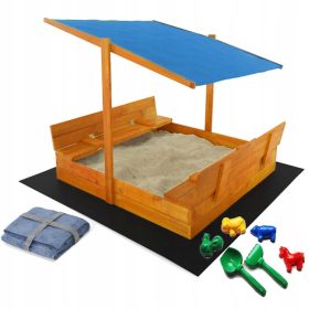   SANDKASTEN MIT DACH 120X120 AUS HOLZ, IMPRÄGNIERT + GRATIS BLAU