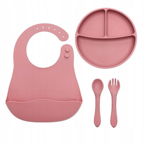  Silikongeschirr für Kinder, Teller + Besteck + Lätzchen, BLW, schmutziges Rosa