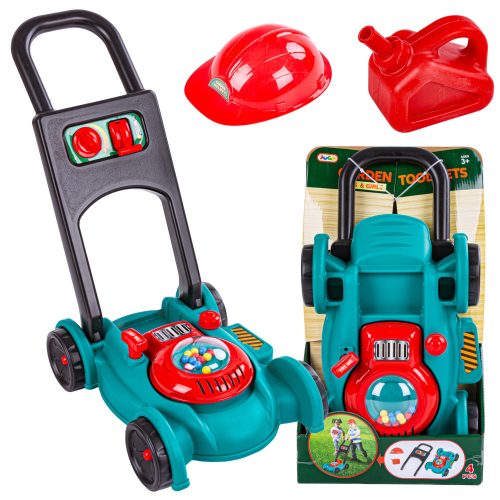 Spielzeug-Rasenmäher für Kinder, Helm, Kanister, Walker, Ballschieber