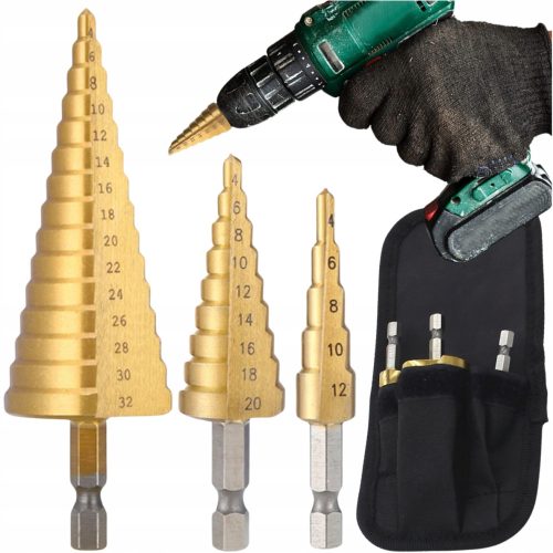 Stufenbohrer, 3 Stück, Stahl, Satz, konisch, 4-32 mm, für Holz, Blech