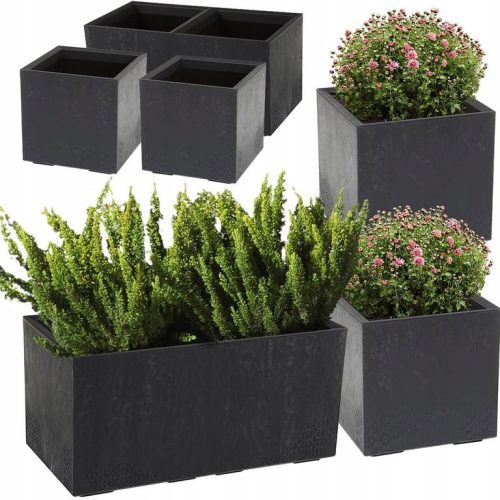  Lamela-Blumentopf 80 cm x 40 x 40 cm schwarzer Kunststoff, Grau- und Silbertöne + 2× Lamela-Blumentopf 40 cm x 40 x 39,4 cm schwarzer Kunststoff