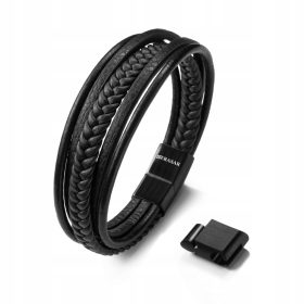  Herren-Armband aus echtem Leder [Geflecht] – Schwarz
