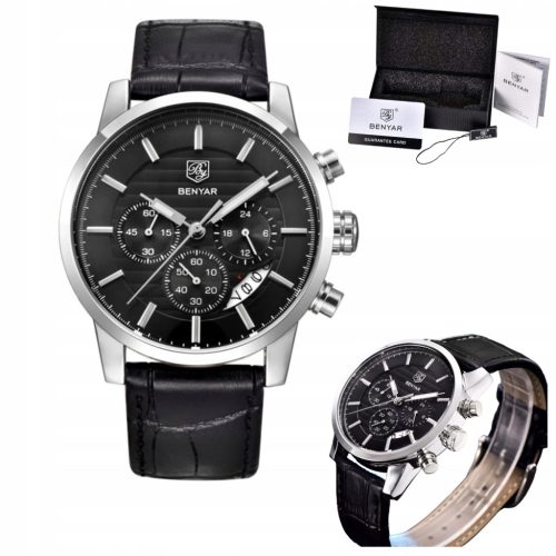  Herrenuhr, elegant, klassisch, schwarzes Lederarmband, Benyar, Datumsanzeige