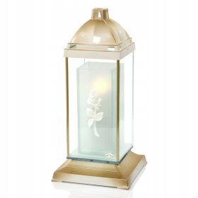    Elegante Kapellenkerze mit Milchglas, NIEDRIGE SÄULE, Weiß und Gold