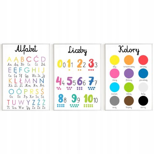  Set mit 3 pädagogischen Postern, A3, MONTESSORI, Alphabet, Zahlen, Farben, Muster