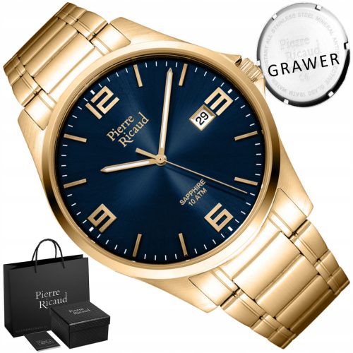  HERREN-GOLDUHR Pierre Ricaud SAPHIR-GLAS-ARMBAND 10ATM + GRAVUR