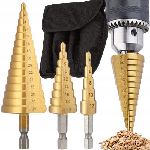 Stufenkegelbohrer, 3 Stück, Stahl, Satz 4-32 mm, für Holz, Blech