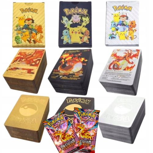  POKEMON-Karten 3in1 165 Teile Gold Schwarz Silber Set + 3× OBSIDIAN FLAMES Pokemon-Karten 1 Beutel mit 10 Karten