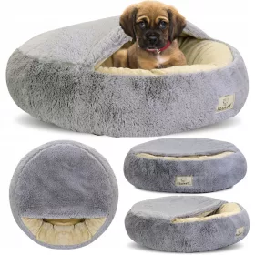    HUNDEBETT FÜR KATZEN SHAGGY Bettkorb mit Baldachin Grau 70 cm