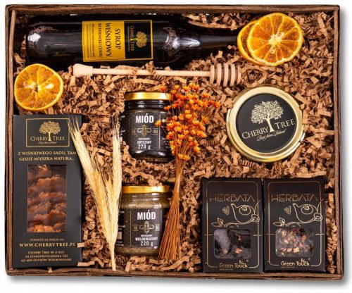  GESCHENKKORB Tee, Kirschsirup, Honig, Marmelade, Kirschplätzchen