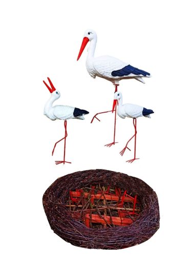  Storchennest, großer Storch mit einem kleinen und klappernden - dekorative Gartenfigur
