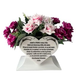    Weißer HERZ-Blumentopf mit Gravur für eine Grabsteinverzierung IHRE GRAVUR + DESIGN