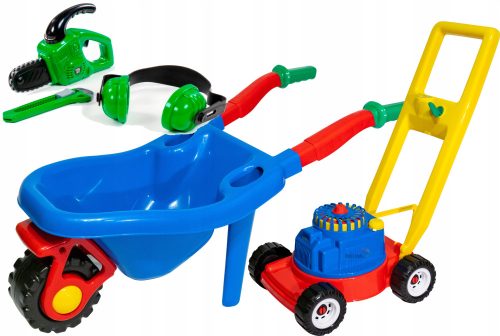 Kettensäge + Blaue große Gartenschubkarre + Rasenmäher