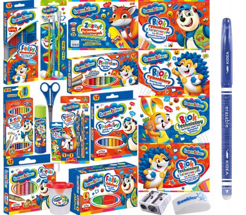  Schulausstattung, großes Set für die erste Grundschule. XXL Klasse 1-3 Bambino + Kidea blau löschbarer Stift