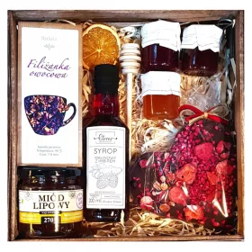    KORB-GESCHENKSET GESCHENKTEE HONIGMARMELADE SCHOKOLADENSIRUP