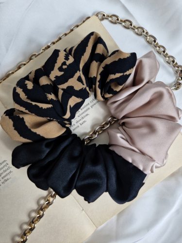  SCRUNCHIE großes XL-Haarband, schwarzes Satin-Zebra, DREI FARBEN kombiniert