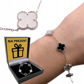    Silbernes Damen-Armband, 925er Silber, Kleeblatt, Onyx-Perlenklee