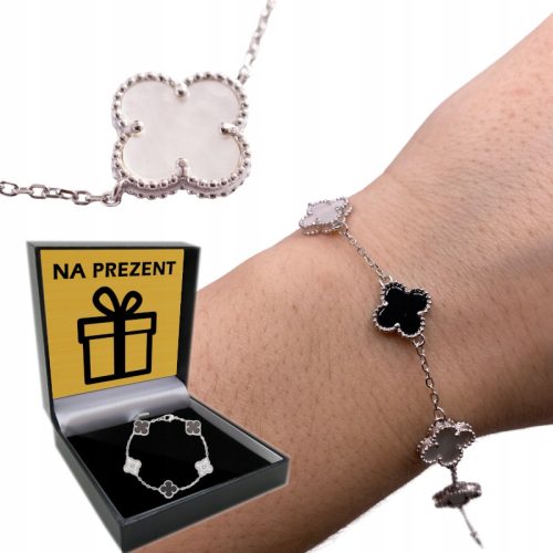  Silbernes Damen-Armband, 925er Silber, Kleeblatt, Onyx-Perlenklee