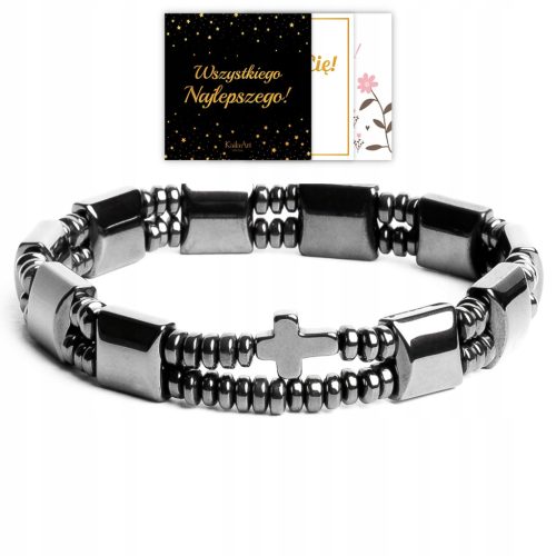  HERREN-ROSENKRANZ-ARMBAND AUS SILBERHÄMATIT, NATURSTEINE, BREIT 21 cm