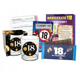    Geburtstagsset zum 18. Geburtstag, Whiskyglas, Schokolade, Tüte