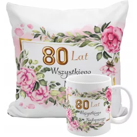    Ein Set aus Tasse, Kissen, 80 Jahre Geburtstag, Geburtstagskind, Geburtstagskind als Geschenk