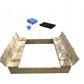 GESCHLOSSENER SANDKASTEN, HOLZBÄNKE 120CM x 120CM