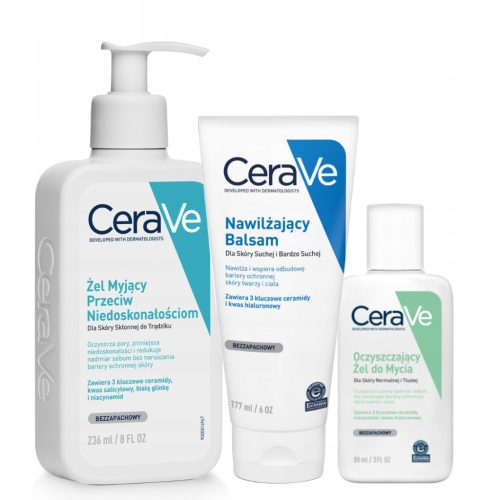 CeraVe Nawilżający Balsam 177ml, Żel Myjący Przeciw Niedoskonałościom 236ml