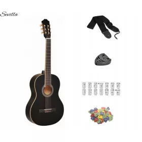   SEVILLA KLASSISCHE GITARRE 4/4 SCHWARZ MATTE + KOSTENLOSE GESCHENKE