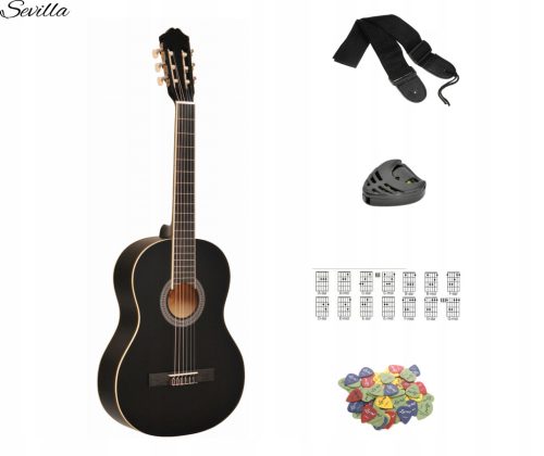  SEVILLA KLASSISCHE GITARRE 4/4 SCHWARZ MATTE + KOSTENLOSE GESCHENKE