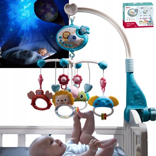  Multifunktionales Kinderbett-Karussell mit Sternenprojektion, Rasseln und Beißringen