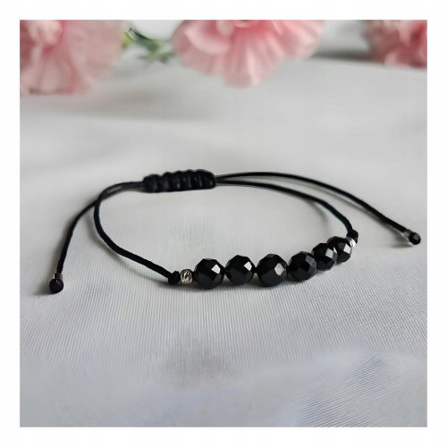  Verstellbares schwarzes Turmalin-Schnurarmband aus 925er Silber