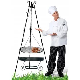    Gartengrill, geschmiedeter Dreibeinkamin, verstellbar, Edelstahlrost + Zunge