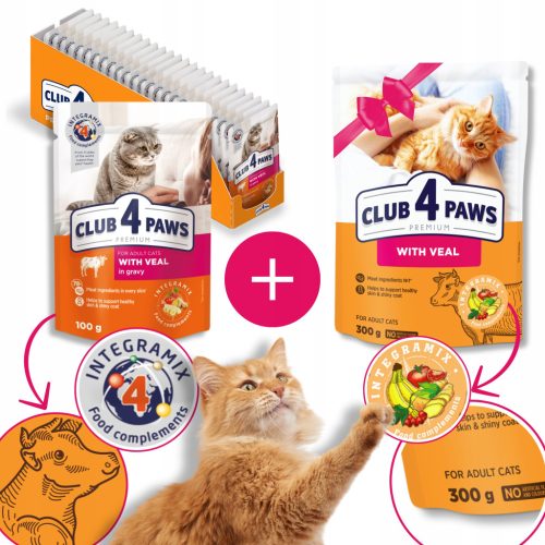  CLUB 4 PAWS Nassfutter für Katzen – Kalbfleisch in Soße 24x100 g + GRATIS