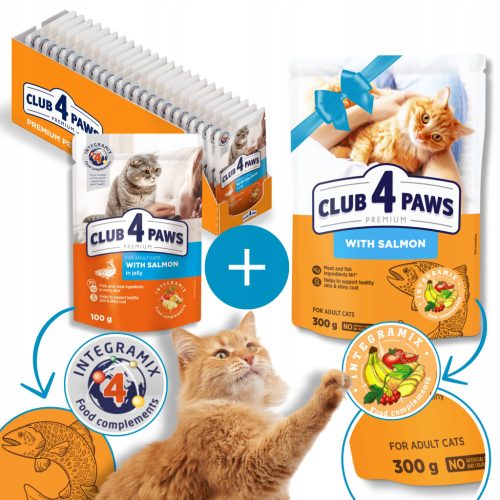  CLUB 4 PAWS Nassfutter für Katzen – Lachs in Gelee 24x100 g + GRATIS
