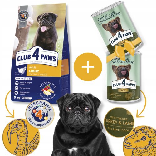  CLUB 4 PAWS Trockenfutter für übergewichtige Hunde kleiner Rassen Light 5 kg + GRATIS