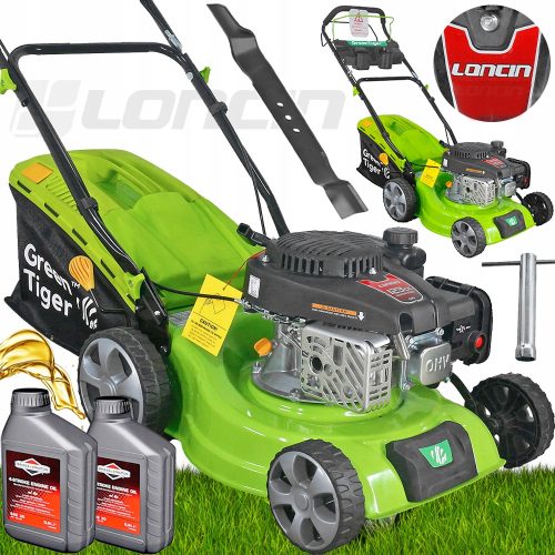  Green Tiger Benzin-Rasenmäher mit Korb, 123 cm³ Fassungsvermögen. Korb 40 l, Schnittbreite 41 cm + 2× BRIGGS STRATTON 4T SAE30 Rasenmäheröl 0,6L